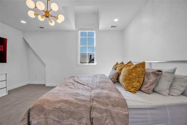 bedroom featuring a notable chandelier, recessed lighting, visible vents, carpet flooring, and baseboards