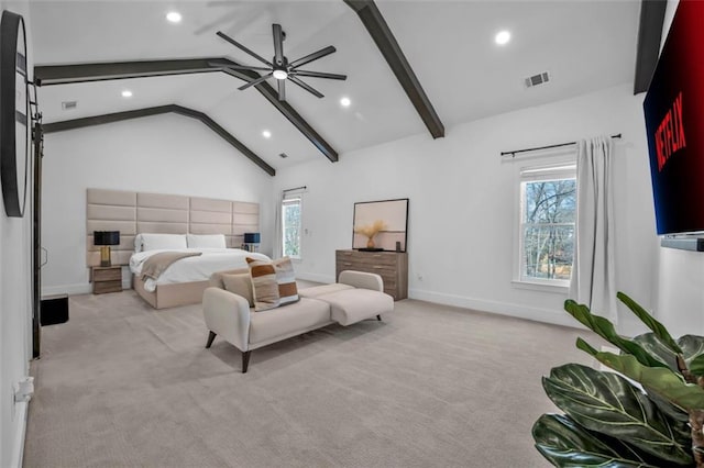 bedroom with carpet floors, multiple windows, baseboards, and beamed ceiling