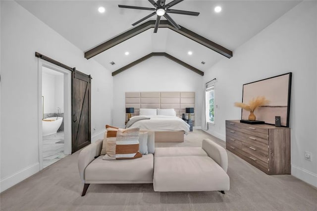 bedroom featuring vaulted ceiling with beams, a barn door, recessed lighting, and baseboards