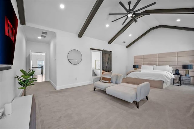 carpeted bedroom featuring a barn door, recessed lighting, beam ceiling, and baseboards