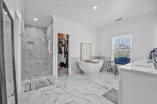 bathroom featuring marble finish floor, a marble finish shower, and visible vents