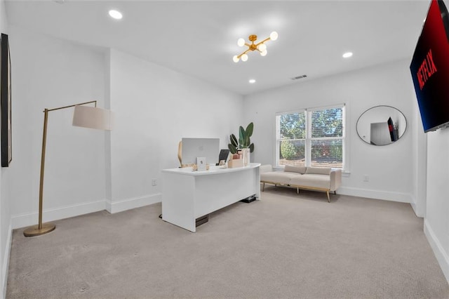 office area with recessed lighting, light carpet, and visible vents