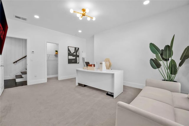 office area with recessed lighting, visible vents, light carpet, and baseboards