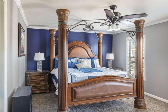 bedroom with dark colored carpet, crown molding, and ceiling fan