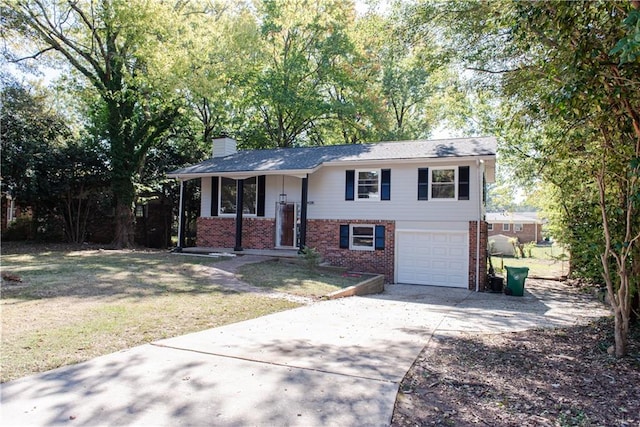 view of front facade with a front lawn, a porch, and a garage