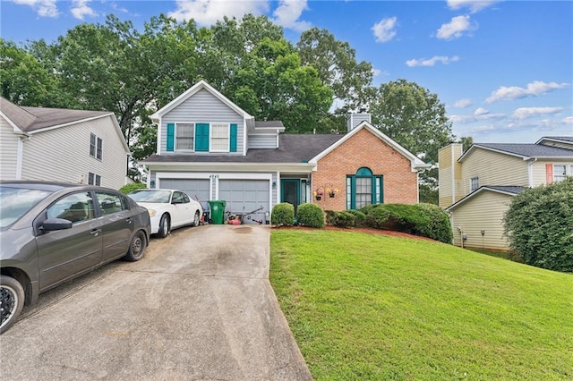 4945 Penscot Way, Stone Mountain, GA 30088 - traditional-style home featuring brick siding, driveway, a garage, a front lawn, and a chimney