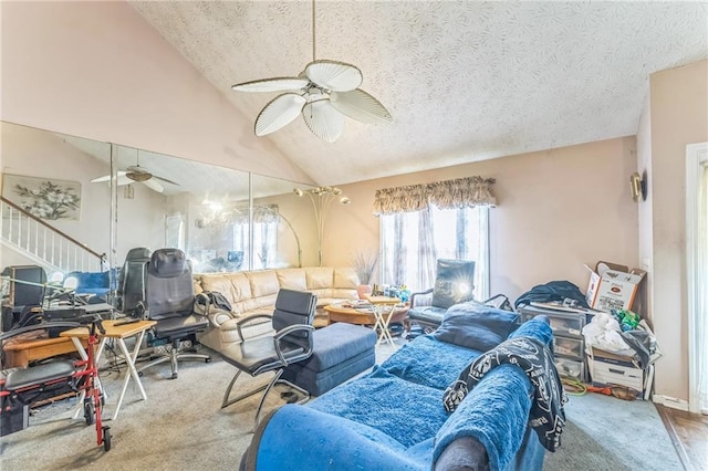 4945 Penscot Way, Stone Mountain, GA 30088 - living area with a ceiling fan, a textured ceiling, and lofted ceiling