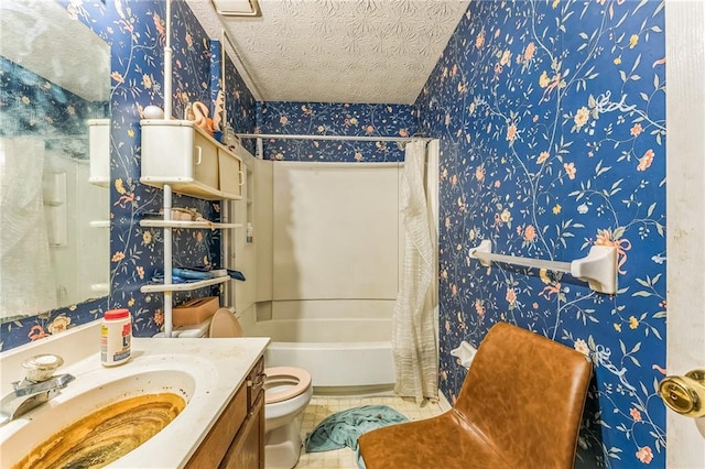 4945 Penscot Way, Stone Mountain, GA 30088 - full bath featuring wallpapered walls, toilet, vanity, shower / tub combo with curtain, and tile patterned flooring