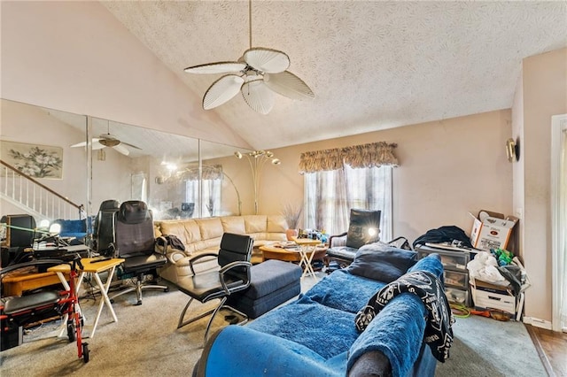 4945 Penscot Way, Stone Mountain, GA 30088 - living area with ceiling fan, a textured ceiling, and vaulted ceiling