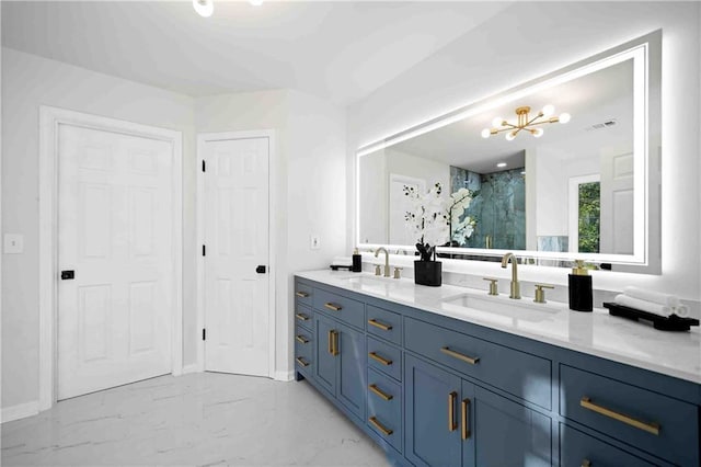 139 Thunder Ridge Ln, Acworth, GA 30101 - full bath with double vanity, a chandelier, a marble finish shower, and marble finish floors