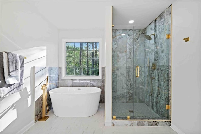 139 Thunder Ridge Ln, Acworth, GA 30101 - bathroom with marble finish floors, a soaking tub, and a marble finish shower