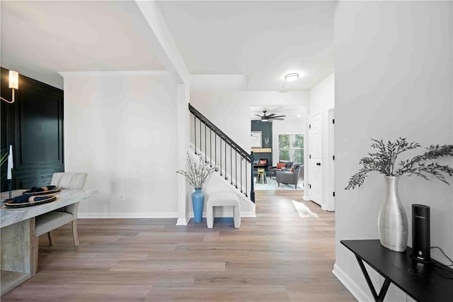 139 Thunder Ridge Ln, Acworth, GA 30101 - foyer entrance with stairs, light wood finished floors, and ceiling fan