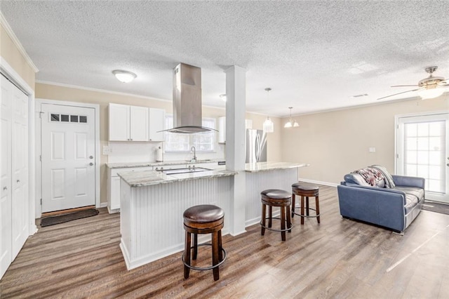 kitchen featuring a kitchen breakfast bar, island exhaust hood, freestanding refrigerator, and wood finished floors