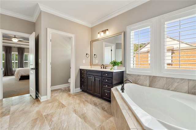 full bathroom with crown molding, toilet, plenty of natural light, and a garden tub