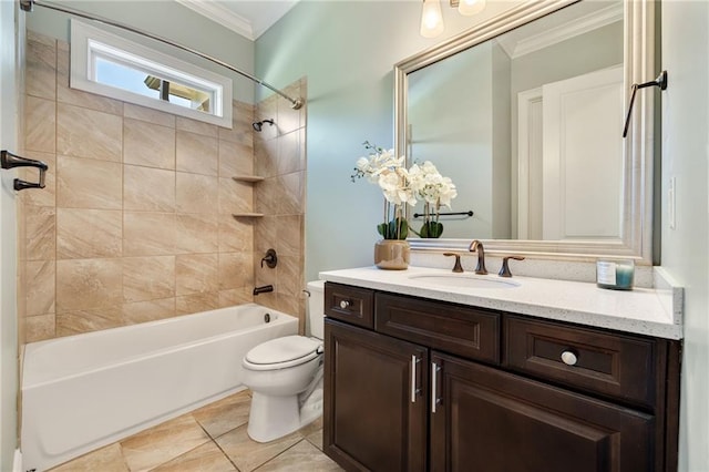 bathroom with crown molding, bathing tub / shower combination, vanity, and toilet
