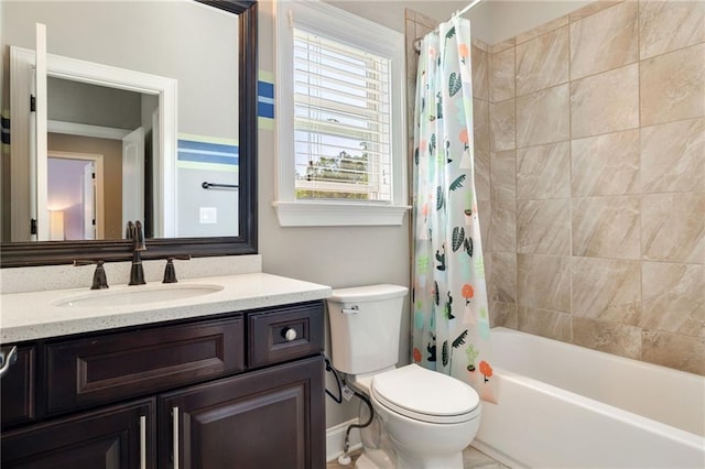 full bath featuring vanity, shower / bath combo, and toilet