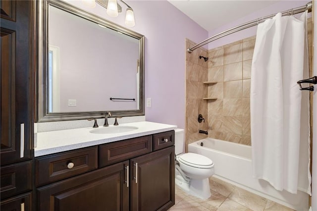full bath featuring vanity, tile patterned flooring, shower / bath combo, and toilet