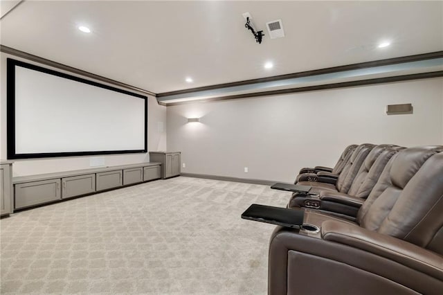 home theater featuring recessed lighting, visible vents, and light carpet