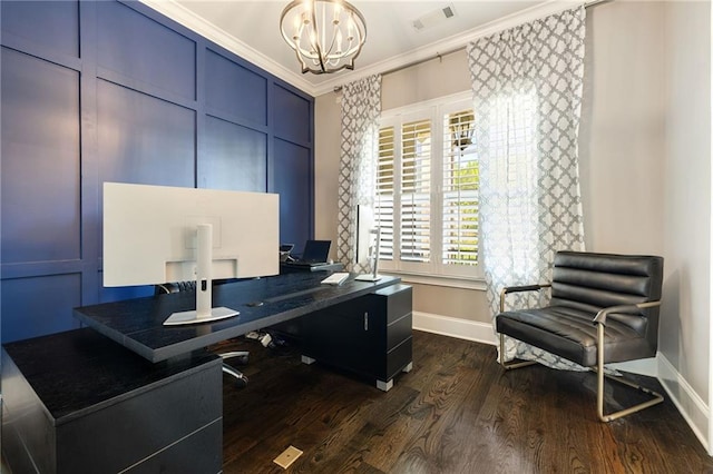 home office with crown molding, visible vents, dark wood-style flooring, baseboards, and a notable chandelier