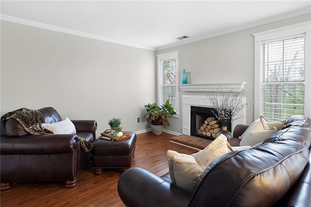 living room featuring a fireplace, ornamental molding, a wealth of natural light, and wood finished floors