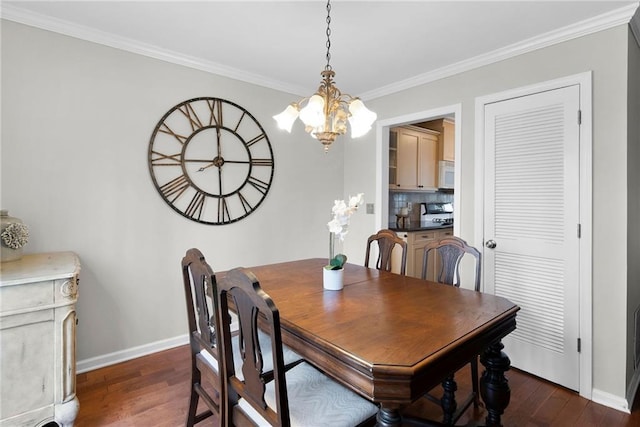 dining space with an inviting chandelier, crown molding, baseboards, and dark wood-type flooring