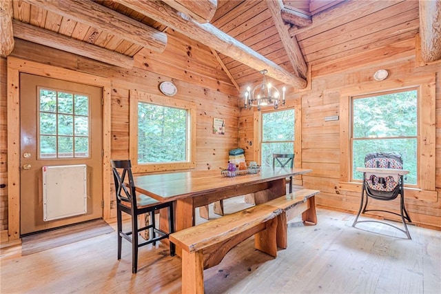 45 Chestatee River Rdg NE, Dahlonega, GA 30533 - dining area featuring wood ceiling, a chandelier, light wood-style floors, and wooden walls