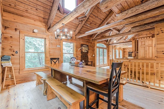 45 Chestatee River Rdg NE, Dahlonega, GA 30533 - dining space featuring wood ceiling, light wood finished floors, wood walls, and a chandelier