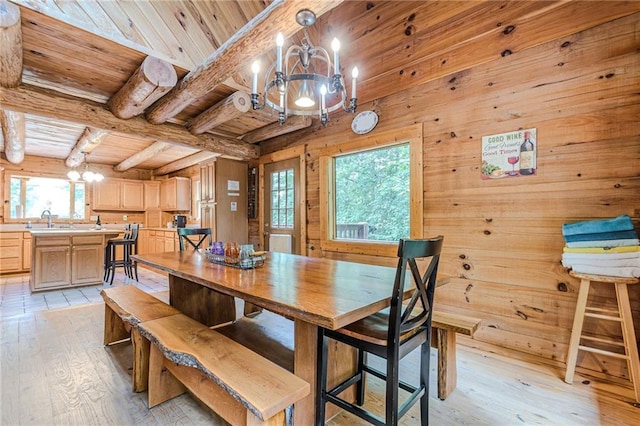 45 Chestatee River Rdg NE, Dahlonega, GA 30533 - dining space featuring a chandelier, wood ceiling with exposed beams, light wood-type flooring, plenty of natural light, and wood walls