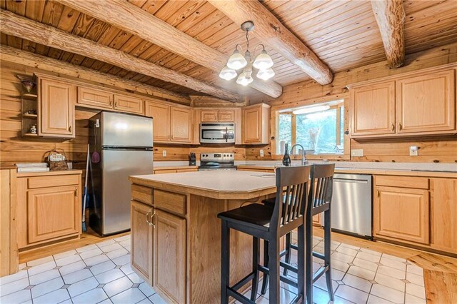 45 Chestatee River Rdg NE, Dahlonega, GA 30533 - kitchen featuring stainless steel appliances, wood ceiling with exposed beams, a chandelier, light brown cabinetry, and light countertops