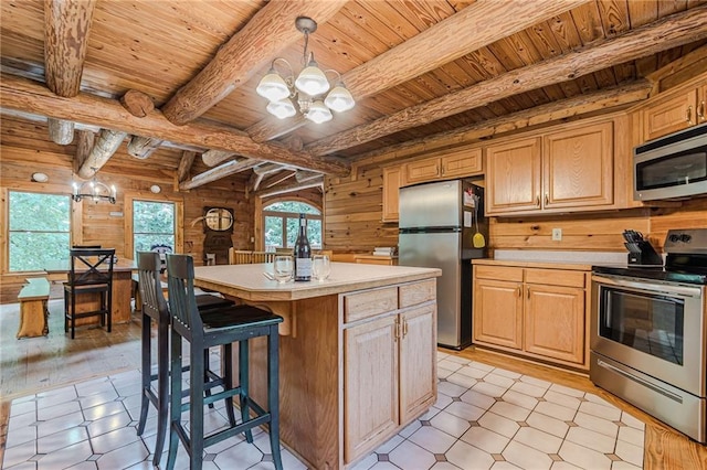 45 Chestatee River Rdg NE, Dahlonega, GA 30533 - kitchen with appliances with stainless steel finishes, wooden ceiling with exposed beams, wood walls, light countertops, and a chandelier