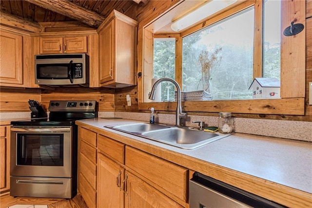 45 Chestatee River Rdg NE, Dahlonega, GA 30533 - kitchen featuring stainless steel appliances, a sink, light countertops, and wooden ceiling