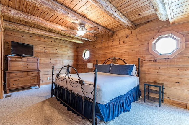 45 Chestatee River Rdg NE, Dahlonega, GA 30533 - bedroom featuring wooden ceiling with exposed beams, carpet flooring, wooden walls, and ceiling fan