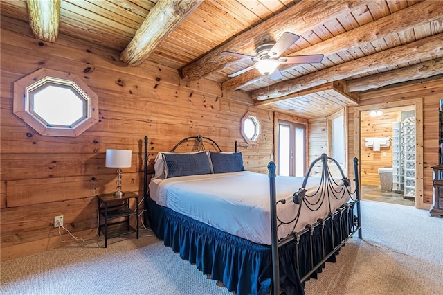 45 Chestatee River Rdg NE, Dahlonega, GA 30533 - bedroom featuring wooden ceiling with exposed beams, wood walls, and carpet