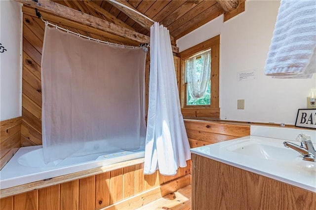 45 Chestatee River Rdg NE, Dahlonega, GA 30533 - full bathroom featuring wood ceiling, shower / tub combo, and vanity