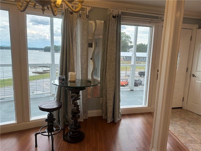 doorway featuring a water view and light wood finished floors