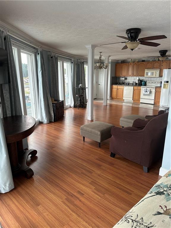 living room with a textured ceiling, light wood finished floors, and a healthy amount of sunlight