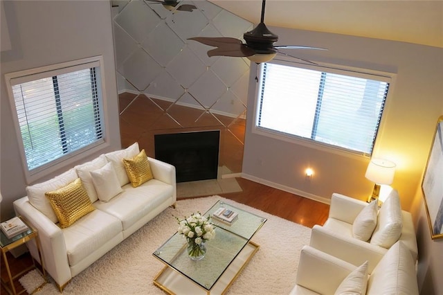 102 Cedar Chase Rd, Atlanta, GA 30324 - living room with a fireplace, wood-type flooring, and ceiling fan