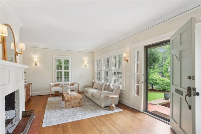 living area featuring crown molding, a fireplace, wood finished floors, and baseboards