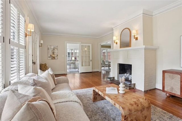 living area featuring ornamental molding, wood finished floors, baseboards, and a fireplace