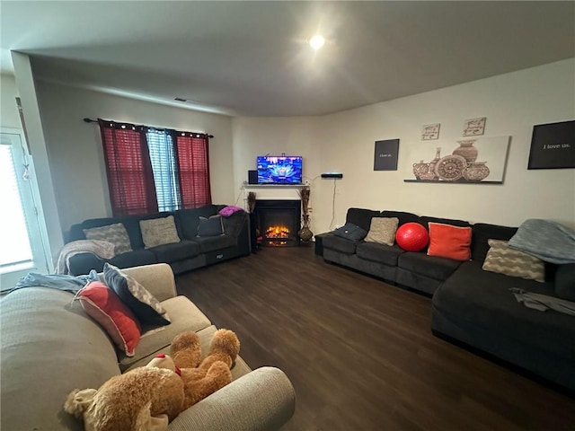 living room featuring dark wood-type flooring and electric panel