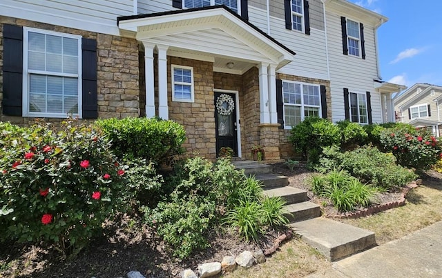 doorway to property with stone siding
