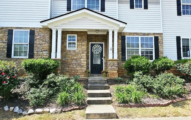 property entrance with stone siding