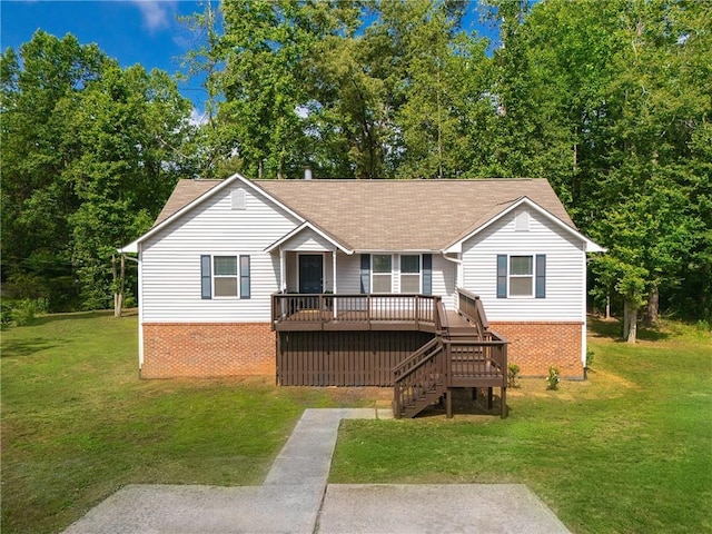 4408 Brandon Ct NE, Marietta, GA 30066 - view of front of property featuring brick siding, a front lawn, stairs, a wooden deck, and roof with shingles
