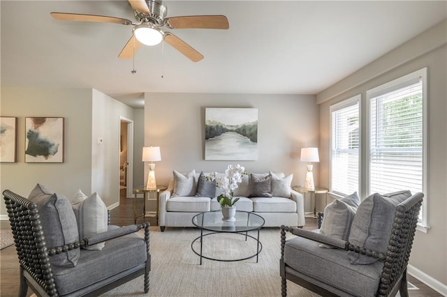 4408 Brandon Ct NE, Marietta, GA 30066 - living area with baseboards, a ceiling fan, and wood finished floors