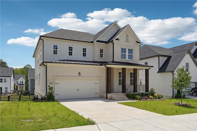784 Keystone Dr, Woodstock, GA 30188 - view of front of home with a porch, driveway, board and batten siding, an attached garage, and brick siding