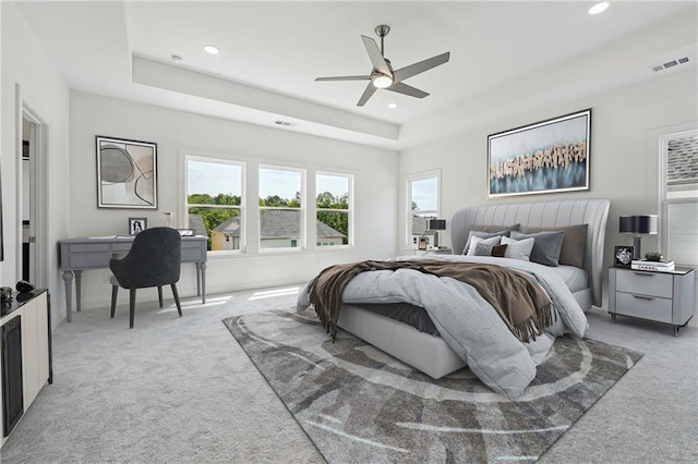 784 Keystone Dr, Woodstock, GA 30188 - bedroom with light colored carpet, a raised ceiling, recessed lighting, a ceiling fan, and baseboards