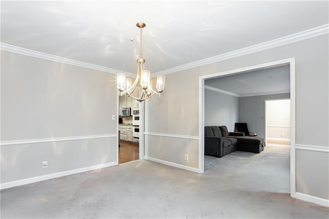 unfurnished dining area featuring ornamental molding, carpet flooring, and a chandelier