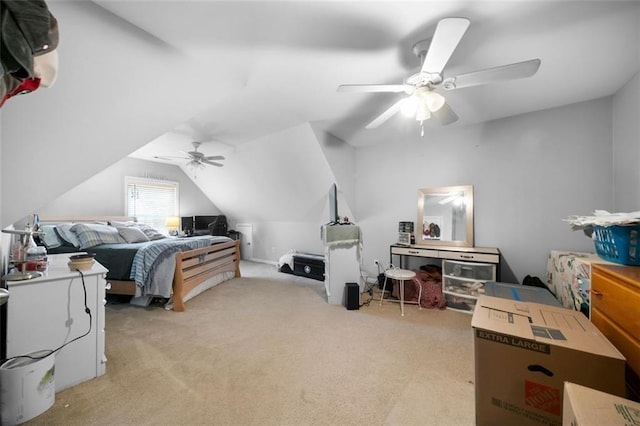 carpeted bedroom featuring ceiling fan and lofted ceiling