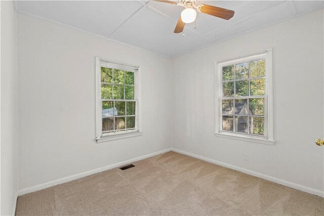 carpeted spare room with ceiling fan and crown molding