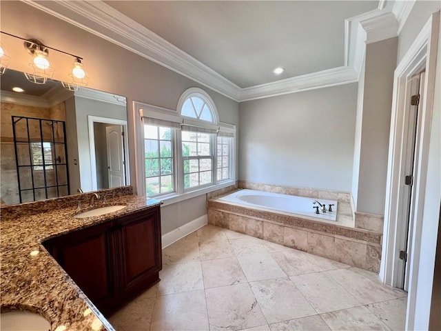 bathroom with crown molding, tile patterned floors, vanity, and a relaxing tiled tub